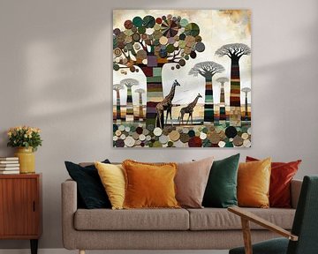 Collage African landscape with trees and giraffes by Lois Diallo