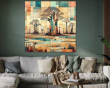 Collage/mixed media Afrikaans landschap met baobab bomen van Lois Diallo