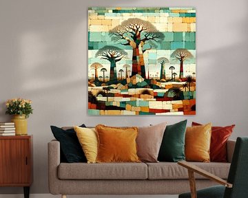 Collage/mixed media African landscape with baobab trees by Lois Diallo