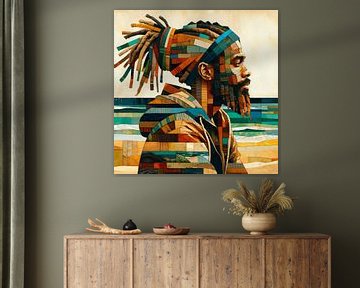 Collage portrait of an African rasta man by Lois Diallo