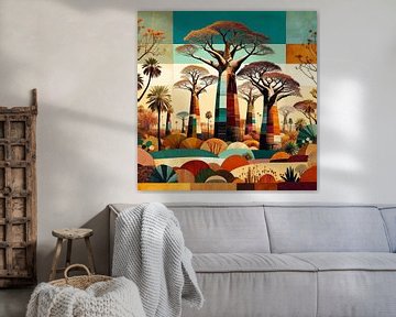 Collage/composition of African landscape with baobabs by Lois Diallo