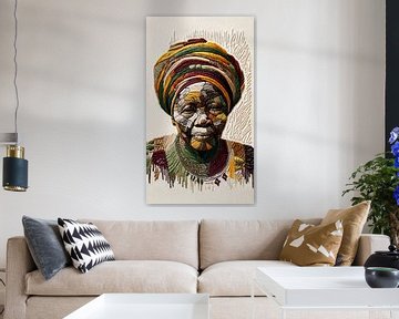 Digitaal geborduurd portret van een oude Senegalese dame van Lois Diallo