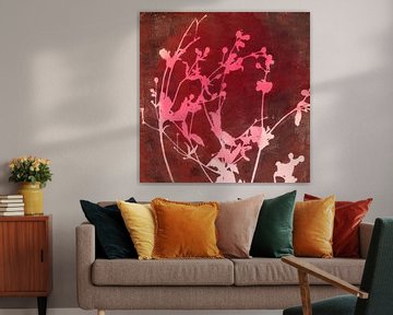 Modern abstract botanisch. Kleine tere bloemen in roze en roestbruin van Dina Dankers