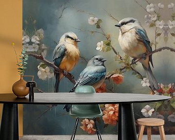 Vogels op een tak lichte kleuren panorama van TheXclusive Art