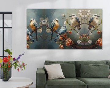 Vogels op een tak lichte kleuren panorama van TheXclusive Art