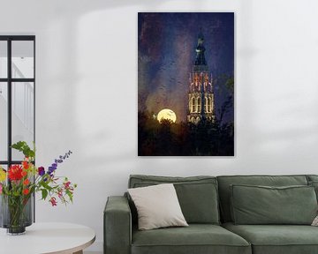 Breda, photo éditée, lever de lune à côté de la tour Grote kerk, avec ajout de textures et d'oiseaux. sur Andre Gerbens