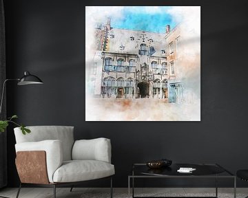 Watercolour painting of the Gistpoort in Middelburg, Zeeland. by Danny de Klerk