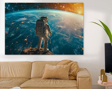 Astronaut steht im Weltall an einer Klippe und schaut auf die Erde von Animaflora PicsStock