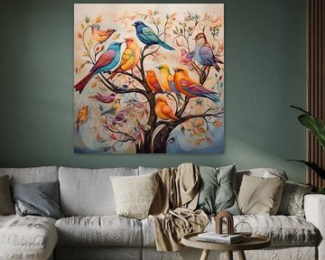 Vogels in een boom kleurrijk van TheXclusive Art