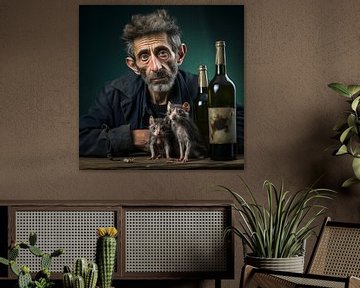 Oude alcoholist met ratten en een fles drank op tafel van Luc de Zeeuw