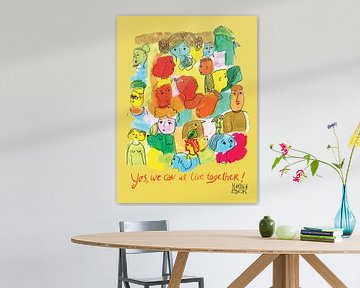 Living together, happy art with a quote on a yellow background by mariska eyck