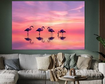 Flamingo (Futtersuche bei Sonnenuntergang) von Fotografie Gina Heynze