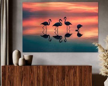 Flamingo's (foeragerend bij zonsondergang) van Fotografie Gina Heynze