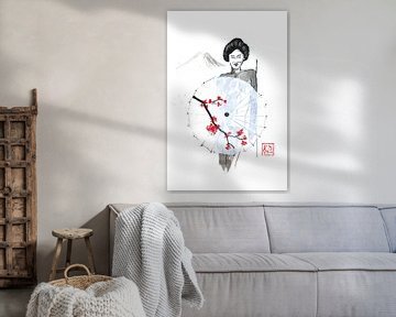 nude geisha behind umbrella and fuji
