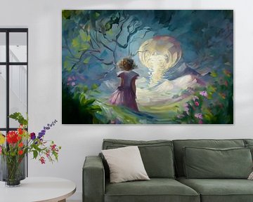 Fairy tale image of girl looking at the moon. by Mario Dekker-Janssen