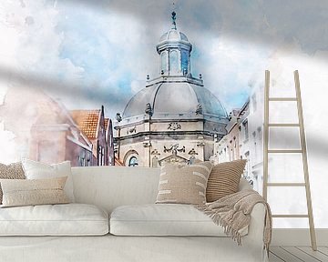 Aquarelschilderij van de Oostkerk in Middelburg, Zeeland.