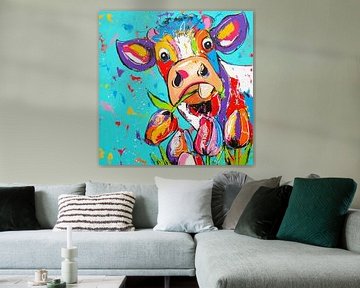Colorful Cow with Tulips by Vrolijk Schilderij