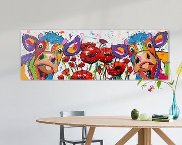 2 Koeien en rozen | Panorama van Vrolijk Schilderij