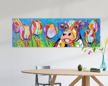 The calf and the tulips | Panorama by Vrolijk Schilderij