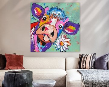 La vache et la fleur sur Vrolijk Schilderij