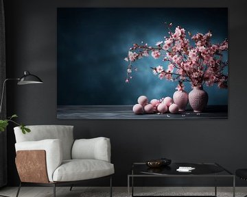 vases roses et oeufs de Pâques sur une table sombre avec des branches pleines de cerisiers en fleurs sur Margriet Hulsker