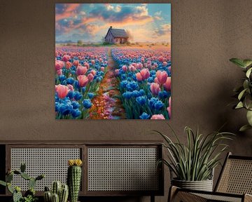 Huisje met tulpenveld van Dakota Wall Art