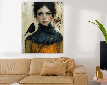 Modern portret van een meisje met een vogel en vlinder van Carla Van Iersel