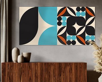Retro geometry with circles and stripes in blue, black, white, terra by Dina Dankers
