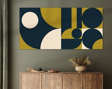 Retro geometry with circles and stripes in mustard and dark blue by Dina Dankers