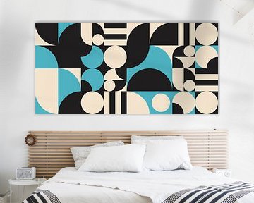 Retro geometrie met cirkels en strepen in zwart, wit, blauw. van Dina Dankers