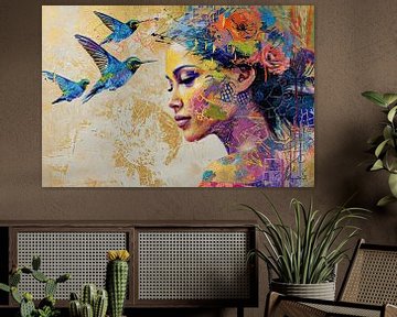 Modern Portret | Vrouw Met Hummingbirds | Modern Portret van Kunst Kriebels