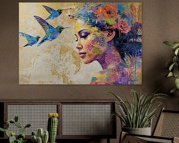 Modernes Porträt | Frau mit Kolibris von Kunst Laune