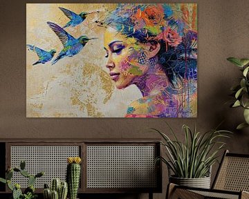 Modern Portret | Vrouw Met Hummingbirds | Modern Portret