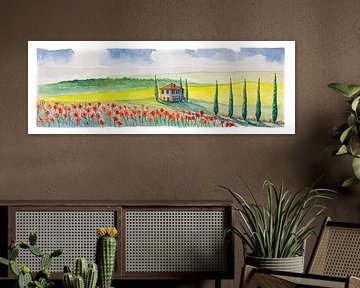 Toskanische Landschaft mit Mohnblumen | Handgemachte Aquarellmalerei