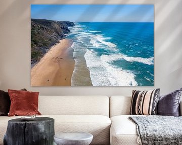 Aerial view of the rocky coast at Vale Figueiras beach on the west coast in Portugal by Eye on You