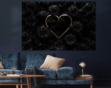 Gouden hart frame omringd door zwarte rozen van Besa Art