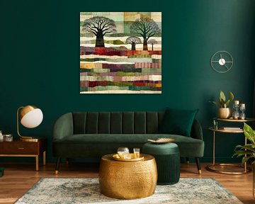 Collage 3 arbres dans un paysage de patchwork vert-rouge sur Lois Diallo