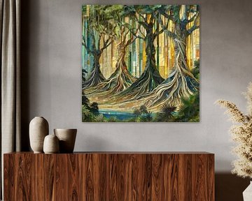 Collage 4 fromager-bomen, kapokbomen in Afrika van Lois Diallo