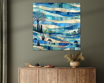 Collage blauw golvenlandschap van Lois Diallo