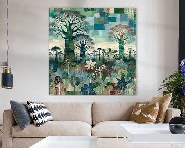 Collage 3 Baobab-Bäume mit Hibiskusbüschen von Lois Diallo