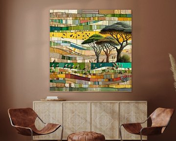 Collage acacia's en vogels in regentijd van Lois Diallo