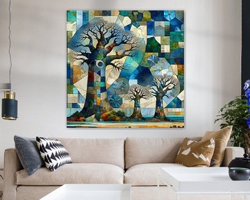 Collage/mosaic African tree of life flanked by 2 small baobabs in blue by Lois Diallo