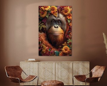 chimpansee met zonnebloemen van haroulita
