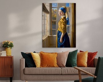 Een modern portret van meisje met de parel geïnspireerd door Johannes Vermeer van Jolique Arte