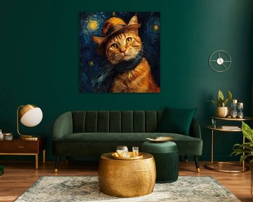 Posterprint van kat met hoed, geïnspireerd op van Gogh van Niklas Maximilian