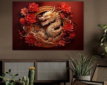 3d weergave van de Chinese draak in een gouden boog van Margriet Hulsker