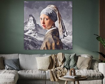 Vermeer's girl with the pearl in the mountains by Vlindertuin Art