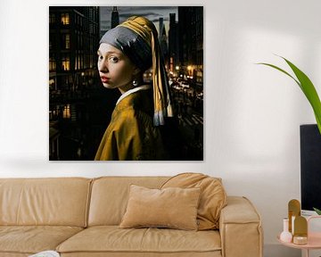 An evening Vermeer's girl with the pearl earring in town by Vlindertuin Art