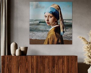 La jeune fille à la perle de Vermeer sur la plage sur Vlindertuin Art