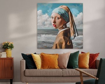 Johannes Vermeer Girl with a pearl earring by the sea by Vlindertuin Art